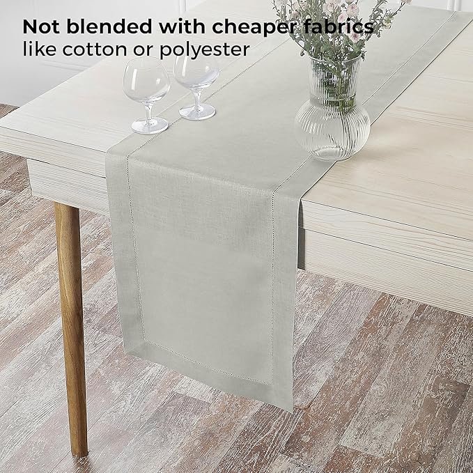 D'Moksha Homes Linen Silver Grey Table Runner 84 Inches Long - 100% Pure Linen Table Runner 14 x 84 Inch for Spring, Easter - Classic Hemstitch