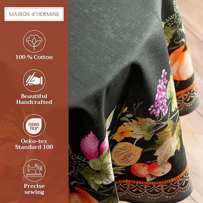 Maison d' Hermine Table Cloth Round Table 100% Cotton 63 Inches Fall Tablecloth Reusable Everyday Use for Thanksgiving Christmas Decorations Dining Farmhouse Party (Pumpkin Garden - Dark Green)