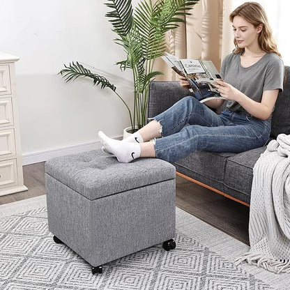 Homebeez Multifunctional Space-Saving Linen Storage Ottoman with 360° Rolling Wheels, 17.7" Square Tufted Cube Footstool with Hinged Lid, Holds 300 lbs, for Living Room, Bedroom, Entryway, Grey