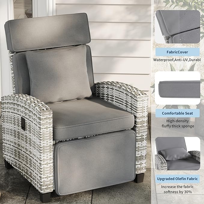 Garvee 2PCS Outdoor Wicker Recliner Chair, 145° Adjustable Backrest & Footrest - Image 4