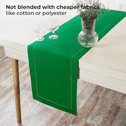 D'Moksha Homes Linen Kelly Green Table Runner 84 Inches Long - 100% Pure Linen Table Runner 14 x 84 Inch for St Patricks Day, Easter - Classic Hemstitch