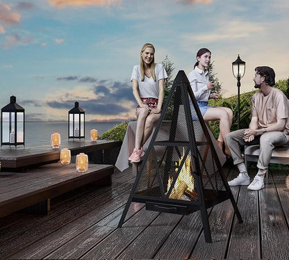 Kingson Pyramid Fire Pit, Heavy-Duty Steel Smokeless Wood Burning Fire Bowl for Outdoor Patio Garden Backyard, Bohemian & Meditation Decor