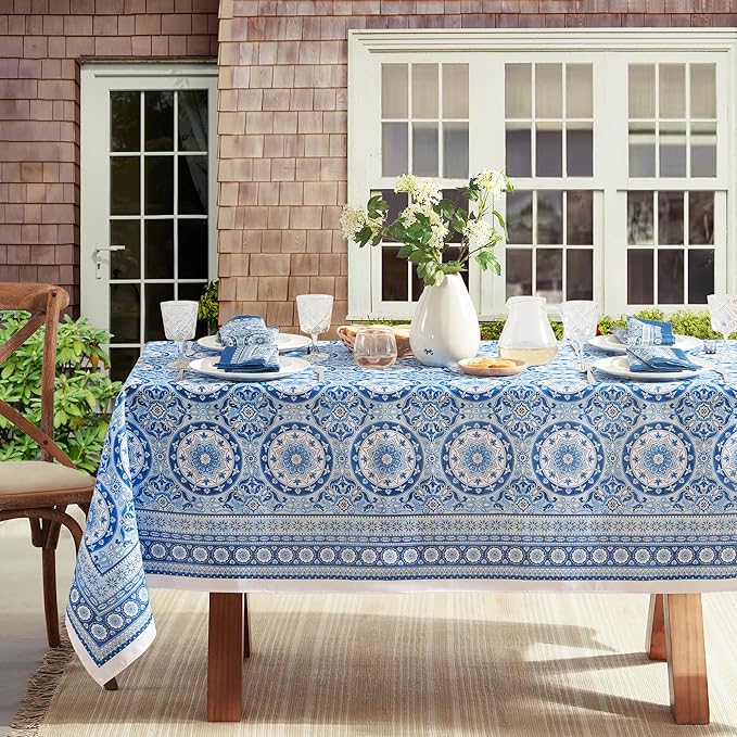 Elrene Home Fashions Vietri Medallion Blue Coastal Block Print Stain & Water Resistant Indoor/Outdoor Fabric Rectangle Tablecloth, 52"x70"