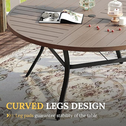 VICLLAX Round Patio Table with Adjustable Umbrella Hole for 8, All Weather Metal Outdoor Dining Table for Lawn Garden, 59.8" Outdoor Coffee Table, Grey Wood-Like Tabletop