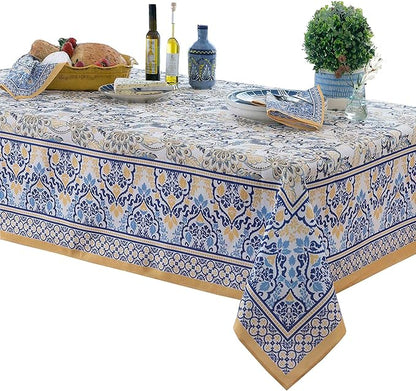 Home Bargains Plus Rectangle Fabric Napkins, Set of 8 Napkins, Allure Yellow and Blue Floral Bordered Print, Indoor Outdoor Stain and Water Resistant Napkins, Provence French Country