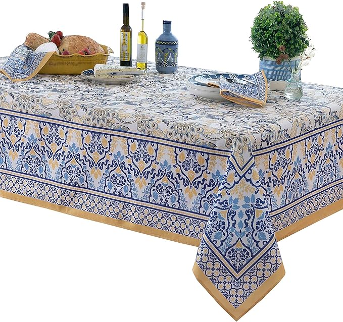 Home Bargains Plus Rectangle Fabric Tablecloth, 52 x 70 Inch, Allure Yellow and Blue Floral Bordered Print, Indoor Outdoor Stain and Water Resistant Table Cloth, Provence French Country