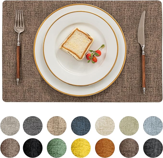 Romanstile Vinyl Placemats Set of 4-12 X 17 Inch - Heat Resistant Place Mats 100% Waterproof Oilproof Wipeable Reversible Faux Leather Table Mats for Kitchen, Dining, Party, Outdoor, Brown
