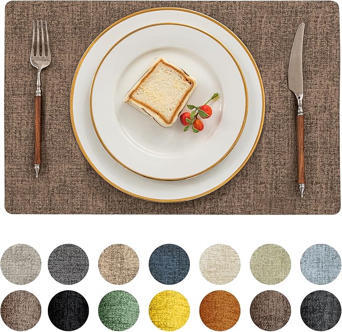 Romanstile Vinyl Placemats Set of 6-12 X 17 Inch - Heat Resistant Place Mats 100% Waterproof Oilproof Wipeable Reversible Faux Leather Table Mats for Kitchen, Dining, Party, Outdoor, Brown
