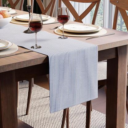 Encasa XO Cotton Dining Table Runner | Ticking Navy Blue | Size 13x59 in - Machine Washable & Durable
