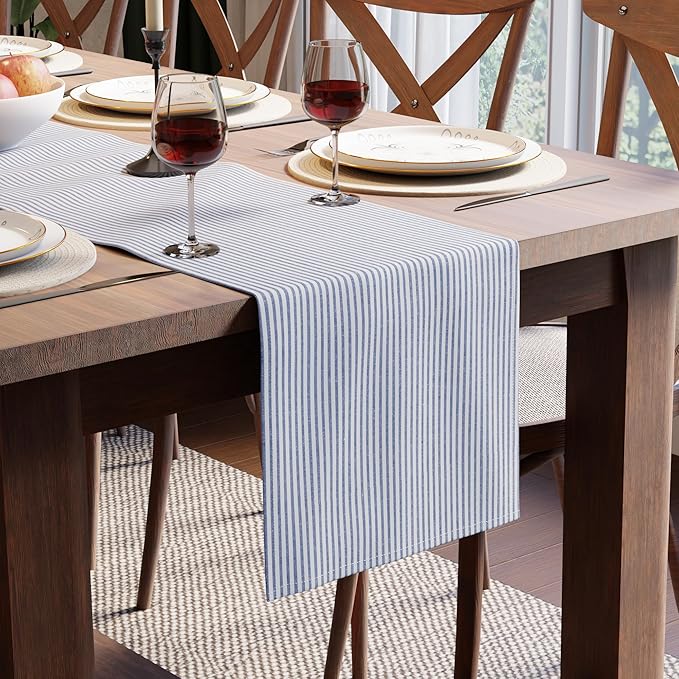 Encasa XO Cotton Dining Table Runner | Ticking Navy Blue | Size 13x94 in - Machine Washable & Durable
