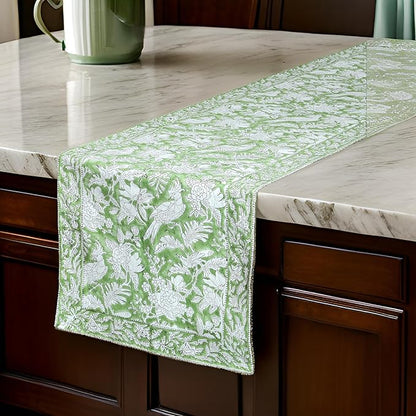 CPC Cotton Table Runner 16x90 Inch Block Printed Long Fall Table Runner for Dining Table, Card Table, Coffee Table, Wedding, Farmhouse & Outdoor Barbeque-Olive Green