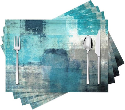 Modern Art Placemats Set of 4 Turquoise Abstract Painting Place Mats Washable Linen Teal Placemat for Kitchen Dining Table Party Home Decor 18x12 Inches