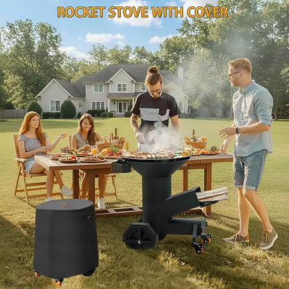 3-in-1 Rocket Stove with Griddle, Grate & Pot Rack, Large Wood BBQ Grill with Wheels, Ash Tool & Cover, Outdoor Stove for Patio Barbecue Cooking Backyard Camping RV Tailgating, GS346