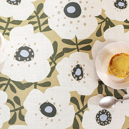 Designer Vintage Rectangular Tablecloth,Linen French Tablecloth with White Floral Pattern,Decorative Table Cover for Kitchen,Dining,Thanksgiving,Tea Party,63" × 87"-Hidaka