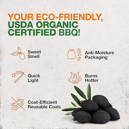 Organic Charcoal Briquettes by Olivette, Reusable Charcoal for Grilling, USDA Certified, Recycled Olive Tree Byproduct, Ready to Light, 6.6 lb. Bag Equal to 20 lb. Regular Charcoal, 4-Bag Bulk Case