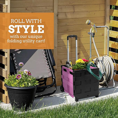 Inspired Living Ultra-Slim Rolling Collapsible Storage Pack-N-Roll Utility-carts, with Telescopic Handle, for Home, Garden, Shopping, Office, School use, Medium, Pink & Black