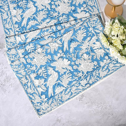 CPC Cotton Table Runner 16x90 Inch Block Printed Long Fall Table Runner for Dining Table, Card Table, Coffee Table, Wedding, Farmhouse & Outdoor Barbeque-Blue Sapphire