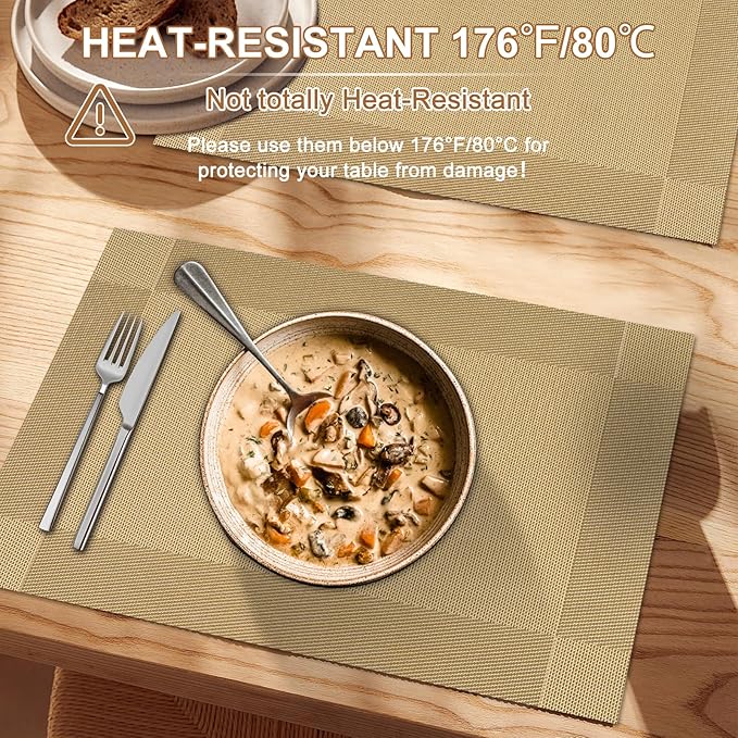 BETEAM Placemats Set of 6, Woven Vinyl Placemat for Dining Table Washable Wipeable Kitchen Place Mats Durable Indoor Outdoor Table Mats