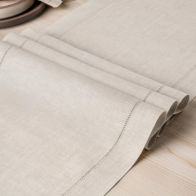 D'Moksha Homes Linen Light Natural Table Runner 60 Inches - Classic Hemstitch, 100% Pure Linen Coffee Table Runner 14 x 60 Inch Ideal for Dresser Tables, Valentines, Spring, Easter