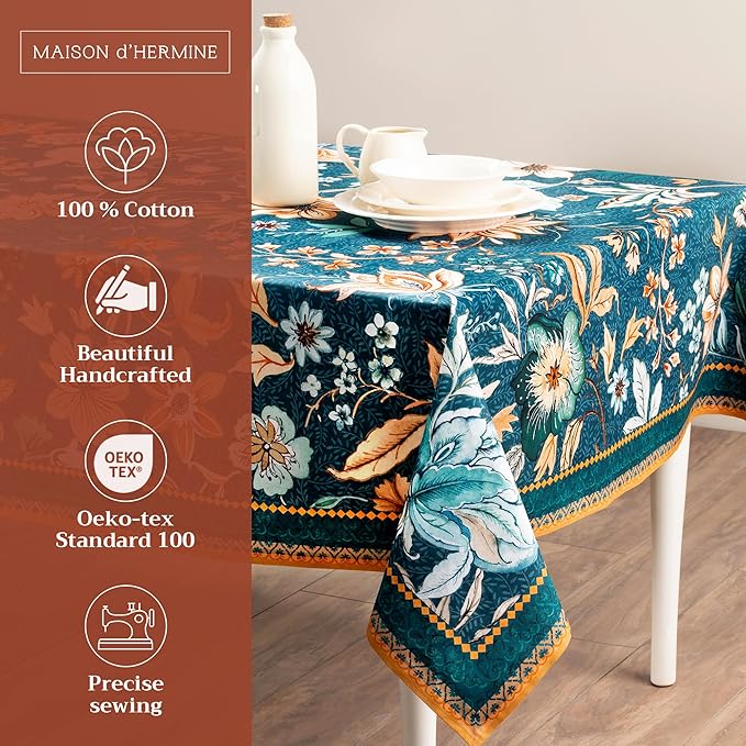 Maison d' Hermine Table Cloth Rectangle Table 100% Cotton 60 x 90 Inches Fall Tablecloth Reusable Everyday Use for Thanksgiving Christmas Decorations Dining Farmhouse Party (Luxury Loft - Dark Teal)