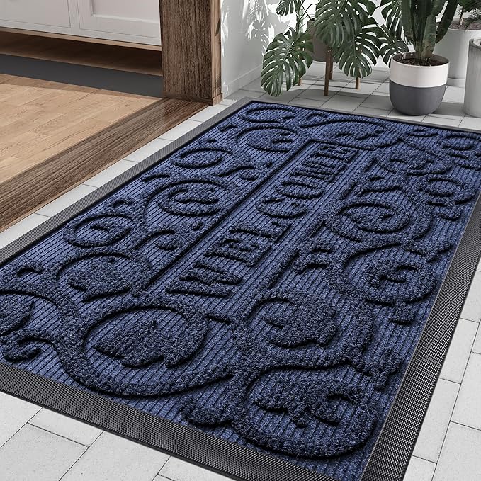 Smiry Welcome Door Mat Outside Entrance, Heavy Duty Trap Dirt and Moisture Easy Clean Low Profile Patio Porch Indoor Outdoor Front Doormat for Entry, 36x24 Inch, Navy Blue