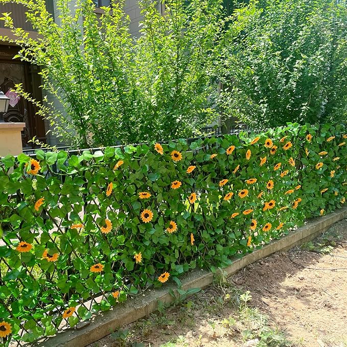 Expandable Fence Privacy Screen for Balcony Patio Outdoor,Decorative Faux Ivy Fencing Panel,Artificial Hedges (Single Sided Leaves) (1, Sunflowers)
