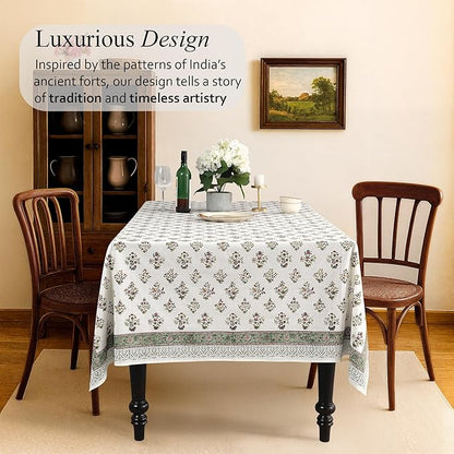 Cotton Print Club-100% Pure Cotton 80"x120" Tablecloth- Indian Hand Block Printed Rectangle - for Wedding, Mothers Day-Forest Green