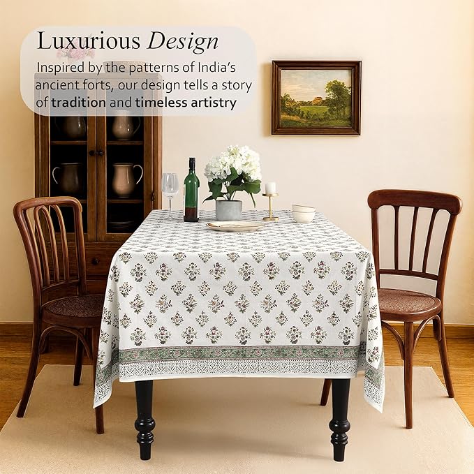 CPC Tablecloth 100% Cotton 70x118 Inch Indian Block Print Rectangle Table Cover, Table Cloth for Weddings, Spring/Summer, Barbeque -Forest Green