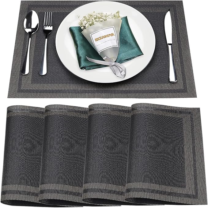 Placemats Set of 8,Washable, Vinyl Woven Non Slip Table Mats for Restaurant Table Protection, PVC Table Placemats (Black, 4PCS 12" Wx18 L)