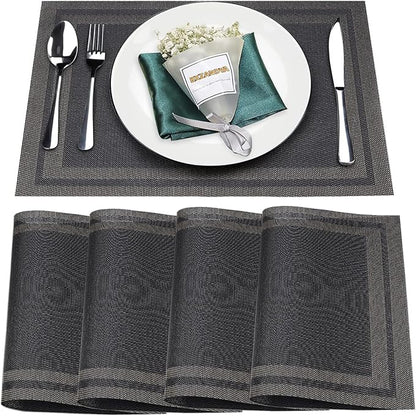 Placemats Set of 8,Washable, Vinyl Woven Non Slip Table Mats for Restaurant Table Protection, PVC Table Placemats (Black, 4PCS 12" Wx18 L)