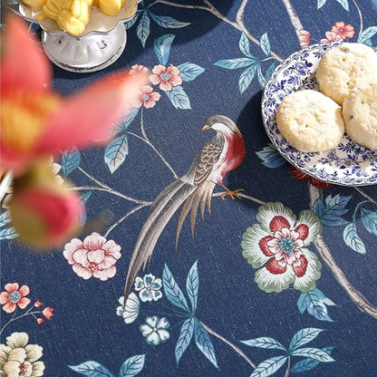patdrea Designer Vintage Dark Blue Linen Rectangular Tablecloth,Navy French Floral and Birds Pattern Table Cloth,Decoration Table Cover for Kitchen,Dining,Tea Party,Home,Christmas,63"*94"