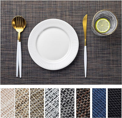 LEXMORE Placemats Set of 8 Vinyl/Plastic Woven Place Mats for Kitchen Table Indoor/Outdoor Washable Placemat Wipeable Dining Table Mats(Black/Brown)
