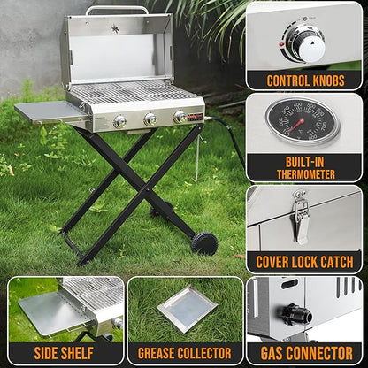 BBQ Gas Grill 3-Burner with Foldable Cart & Side Table, Portable Propane Grill with Lid for Outdoor Patio Backyard Barbecue Camping Tailgating RV Trip, Stainless Steel, GS308