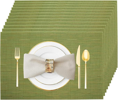 Placemats Set of 12 Washable&Wipeable Place mats for Dining Table Kitchen Indoor Outdoor Table Mats Heat Resistant Non Slip Woven Vinyl Table Placemats (Green，12PCS)