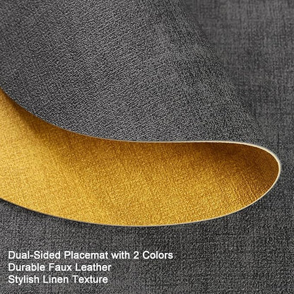 Myir JUN Round Placemats Dual Sided, Faux Leather Place Mats Set of 4 Indoor Placemats for Dining Table Outdoor Placemats Non-Slip Washable Table Mats (Set of 8, Gray Yellow)