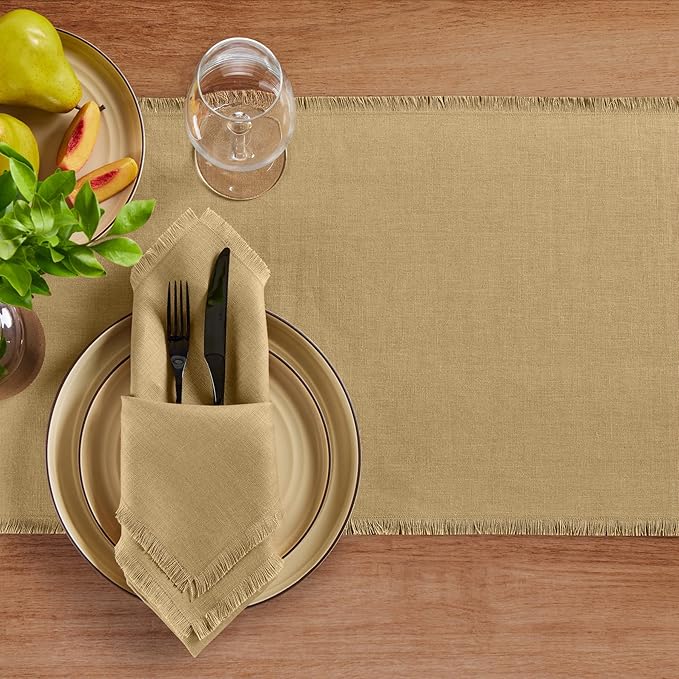 Solino Home Linen Fringe Table Runner 120 Inches Long - 100% Pure Linen Kelp Table Runner 14 x 120 Inch for Spring - Handcrafted and Machine Washable