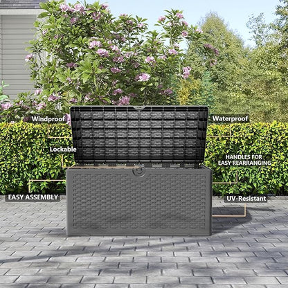 80 Gallon Pro Resin Deck Box, Waterproof Outdoor Storage Bin for Patio, Poolside, and Garden, Lockable & UV-Resistant, Black