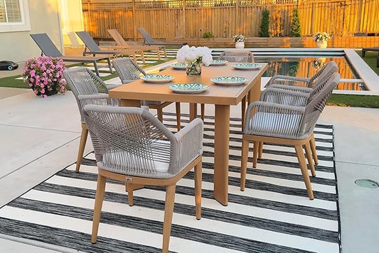 PURPLE LEAF 7 Pieces Patio Dining Set Aluminum Modern Rectangular Table and Rattan Arm Chairs with Cushions for Kitchen Porch Garden Outdoor Furniture Sets, Teak