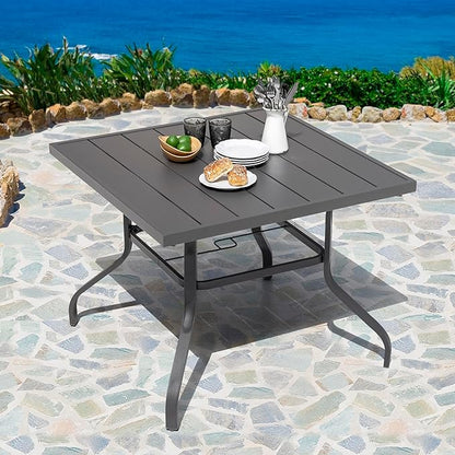 NUU GARDEN 37" Outdoor Patio Table, 4 Person Steel Slat Square Dining Table with 1.57" Umbrella Hole, Slatted Top and Powder Coated Iron Frame for Patio, Garden and Balcony, Gray