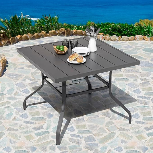 NUU GARDEN 37" Outdoor Patio Table, 4 Person Steel Slat Square Dining Table with 1.57" Umbrella Hole, Slatted Top and Powder Coated Iron Frame for Patio, Garden and Balcony, Gray