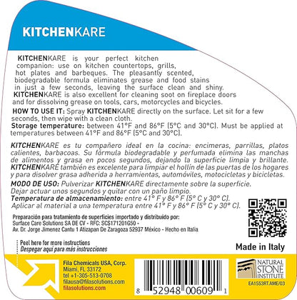 FILA Surface Care Solutions, KITCHENKARE, Heavy Duty Degreaser Cleaner for Kitchen, Grill, Oven, Fireplace; BBQ Cleaner Spray, Desengrasante de Cocina, Degreasing Detergent Bike Chain, 24OZ