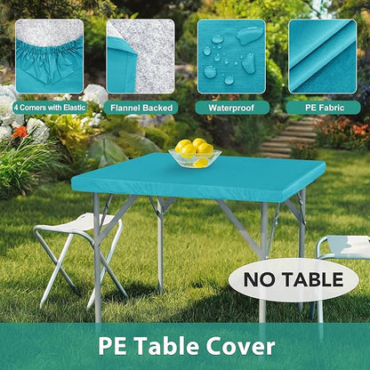 LUSHVIDA 2 Packs Vinyl Card Tablecloth with Flannel Backing 36x36 inch - Waterproof Plastic Picnic Table Cover for Square Folding Table Cloth with Elastic Corners, Teal