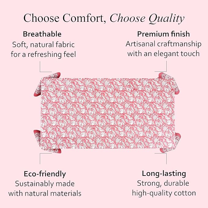 CPC Tablecloth 100% Cotton 72x190 Inch Indian Block Print Rectangle Table Cover, Pink Table Cloth for Weddings, Spring/Summer, Barbeque - Pink Coral