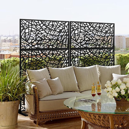 Metal Privacy Screen Outdoor 72" H×47" W,Freestanding Decorative Privacy Screen for Balcony Yard&Garden,Privacy Fence-Black&Net