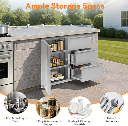 Jocisland Outdoor Kitchen Drawers 28" W×23" D×23" H Stainless Steel Drawers for Outdoor Kitchens, 3-Tier Cabinet & 3-Drawer Combo, Built-in BBQ Island Storage
