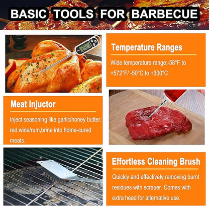 Grilljoy 24PCS BBQ Grill Tools Set with Meat Thermometer and Injector - Extra Thick Stainless Steel Fork, Spatula& Tongs - Complete BBQ Accessories in Aluminum Case - Perfect Grill Gifts for Men