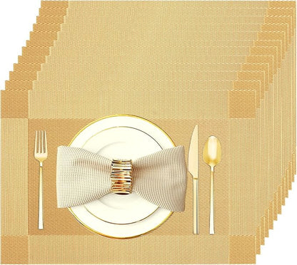Placemats Set of 12 Washable&Wipeable Place mats for Dining Table Kitchen Indoor Outdoor Table Mats Heat Resistant Non Slip Woven Vinyl Table Placemats (Gold，12PCS)