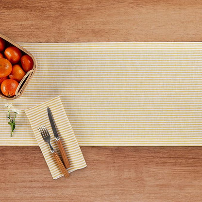 Solino Home Linen Striped Table Runner 60 Inches - Narrow Stripe, 100% Pure Linen Spicy Mustard and White Small Table Runner 14 x 60 Inch Ideal for Dresser and Coffee Tables, Spring, Easter