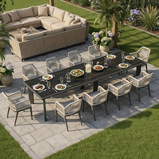 PURPLE LEAF 11 Pieces Patio Dining Set Aluminum Modern Oversize Rectangular Table and Rattan Arm Chairs with Cushions for Kitchen Porch Garden Outdoor Furniture Sets, Dark Grey