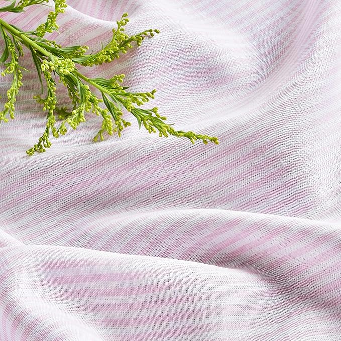 Solino Home Linen Striped Table Runner 120 Inches Long - Narrow Stripe 100% Pure Linen Pink and White Dining Table Runner 14 x 120 Inch for Valentines, Spring, Easter
